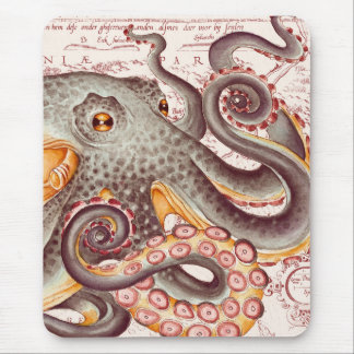 Orange Tangerine Octopus Tentacles Vintage Map Mouse Mat