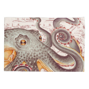 Orange tangerine Octopus Tentacles Vintage Map Pillowcase