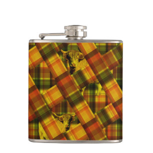 Orange Tartan Highland Cows, Hip Flask