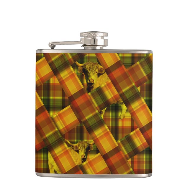 Orange Tartan Highland Cows, Hip Flask (Front)