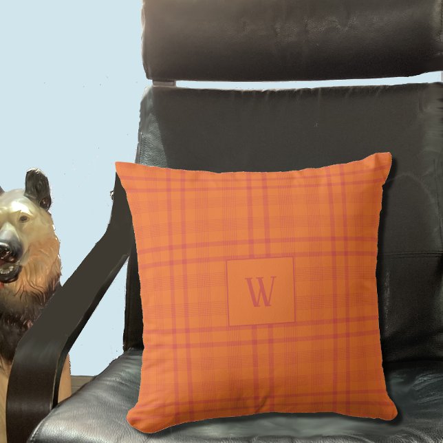 Orange Tartan Pattern Monogram Throw Pillow (Orange Tartan pattern throw pillow with monogram . )