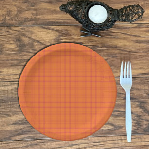 Orange Tartan Pattern Paper Plate