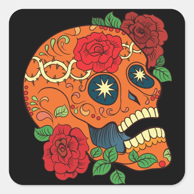 Orange Tattoo Day of Dead Sugar Skull Red Roses Square Sticker (Front)