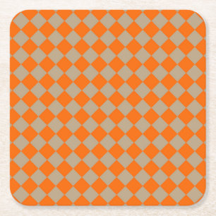 Orange Taupe Checker Diamond Pattern Square Paper Coaster