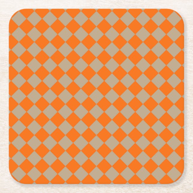 Orange Taupe Checker Diamond Pattern Square Paper Coaster (Front)