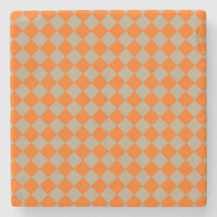 Orange Taupe Checker Diamond Pattern Stone Coaster
