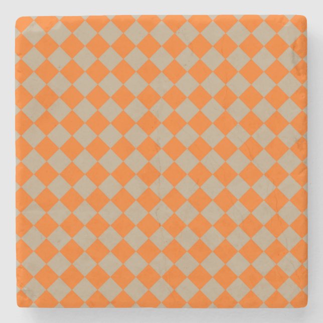 Orange Taupe Checker Diamond Pattern Stone Coaster (Front)