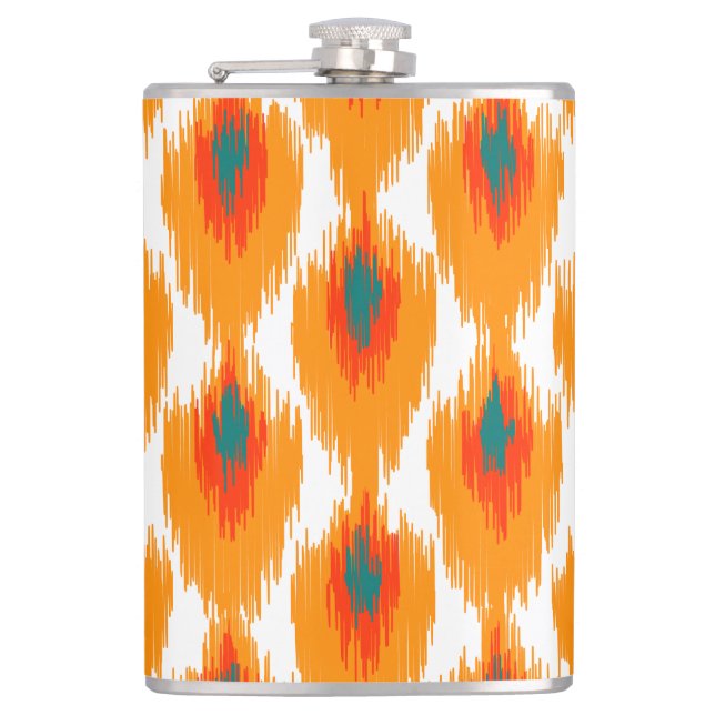 Orange Teal Abstract Tribal Ikat Diamond Pattern Hip Flask (Front)