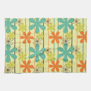 Orange, Teal, and Yellow-Green Flowers and Stripes Tea Towel