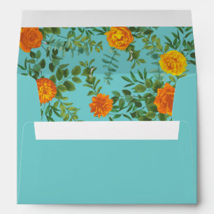 Orange & Teal Aqua Peony & Rose Floral Wedding Envelope