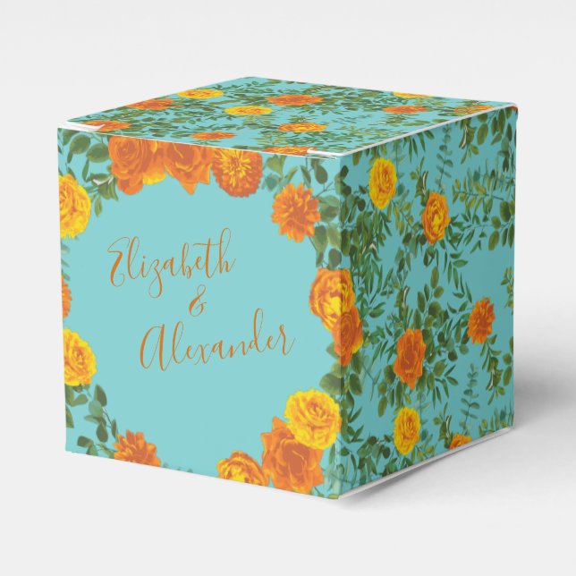 Orange Teal Aqua Peony & Rose Floral Wedding Favour Box (Front Side)