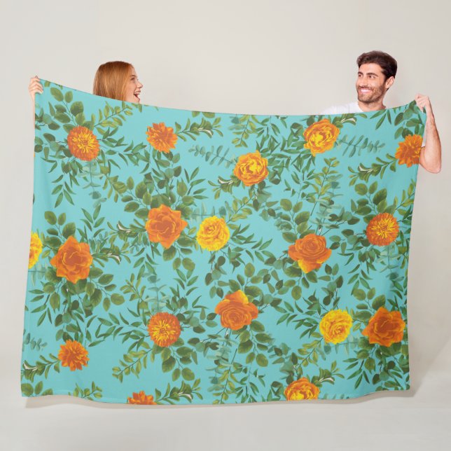 Orange & Teal Aqua Peony & Rose Floral Wedding Fleece Blanket (In Situ)