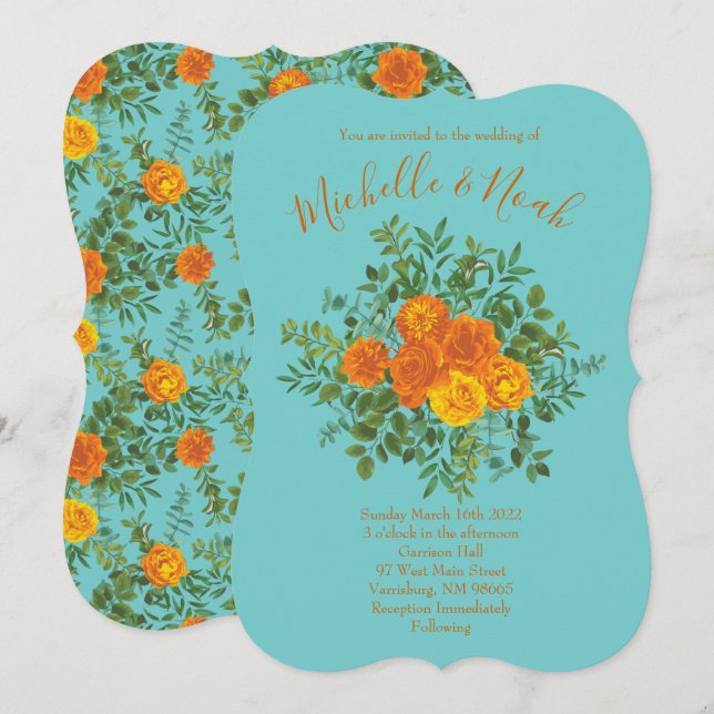 Orange & Teal Aqua Peony & Rose Floral Wedding Invitation (Front/Back)