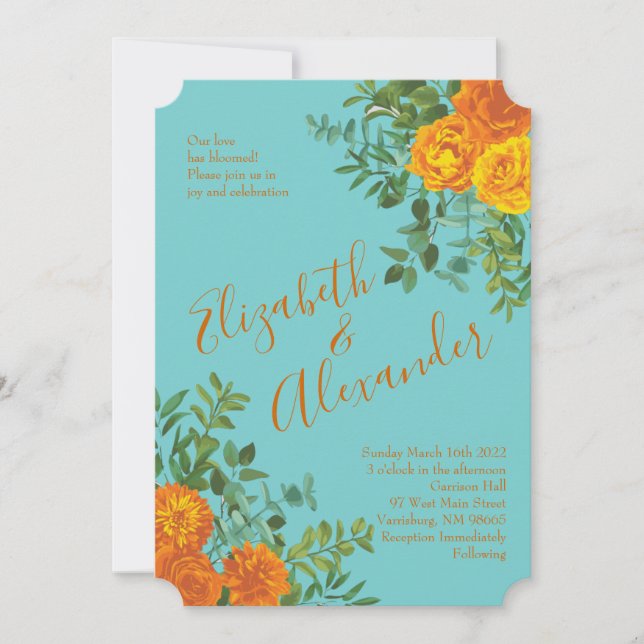 Orange & Teal Aqua Peony & Rose Floral Wedding Invitation (Front)