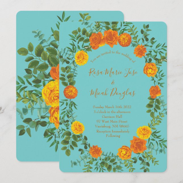 Orange Teal Aqua Peony Rose Floral Wedding Invitation (Front/Back)