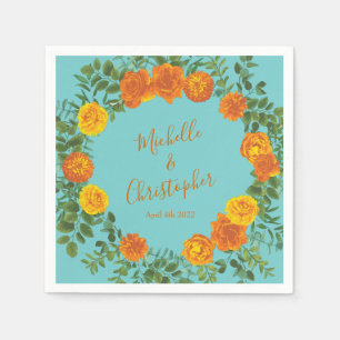 Orange Teal Aqua Peony & Rose Floral Wedding Napkin