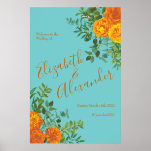 Orange & Teal Aqua Peony Rose Floral Wedding Poster