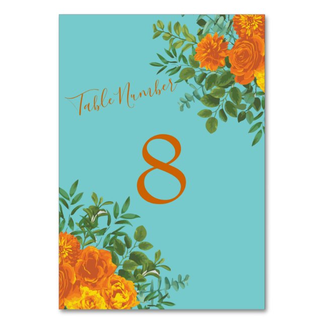 Orange & Teal Aqua Peony & Rose Floral Wedding Table Number (Back)