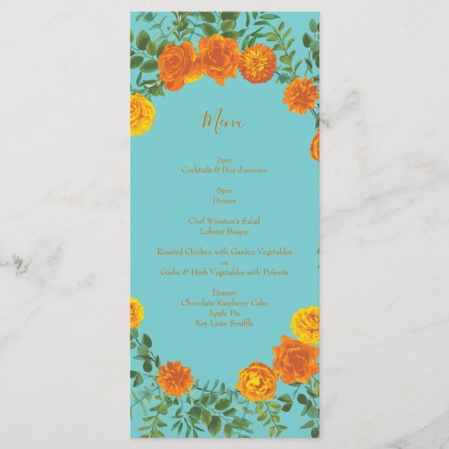 Orange & Teal Aqua Peony & Rose Wedding Menu (Front)