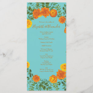 Orange Teal Aqua Peony Rose Wedding Programs Menu