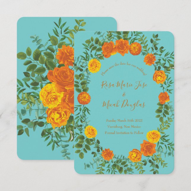 Orange & Teal Aqua Peony Rose Wedding Save Date Invitation (Front/Back)