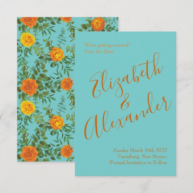 Orange & Teal Aqua Peony Rose Wedding Save Date Invitation (Front/Back)