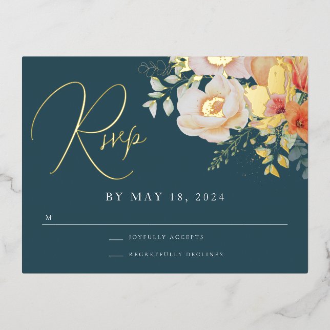 Orange Teal Blue Spring Peach Floral Wedding RSVP Foil Holiday Postcard (Front)