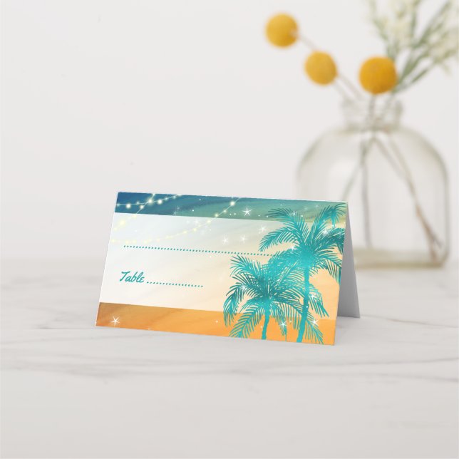Orange Teal Blue Wedding Palm Tree Place Cards (Front)