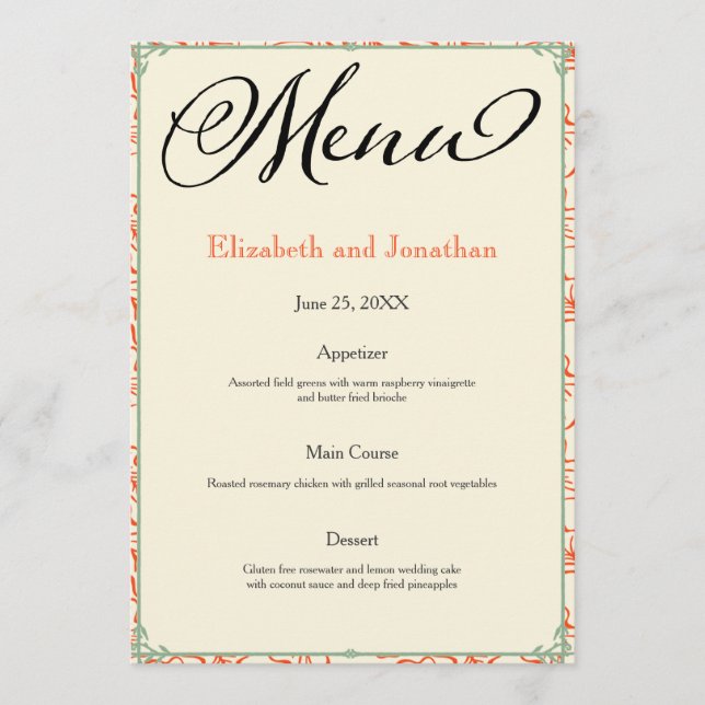 Orange & Teal Country Wedding Reception Menu (Front)