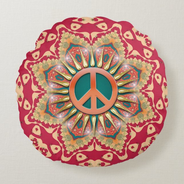 Orange Teal Energy Peace Mandala Round Cushion (Front)