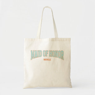 Orange + Teal Faux Glitter Varsity MAID OF HONOR  Tote Bag