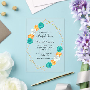 Orange Teal Floral Geometric Baby Shower Acrylic Invitations
