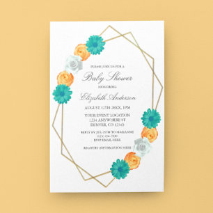 Orange Teal Floral Geometric Baby Shower Invitation
