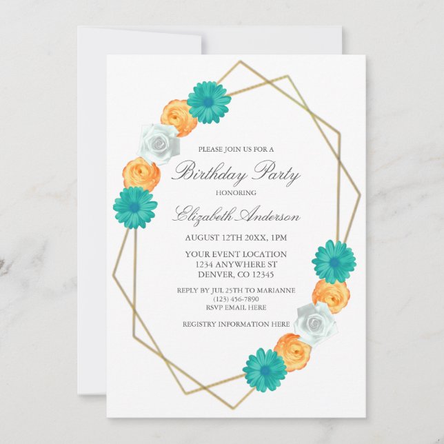 Orange Teal Floral Geometric Birthday Invitation (Front)