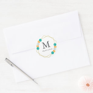 Orange Teal Floral Geometric Wedding Classic Round Sticker