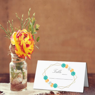 Orange Teal Floral Geometric Wedding Place Card