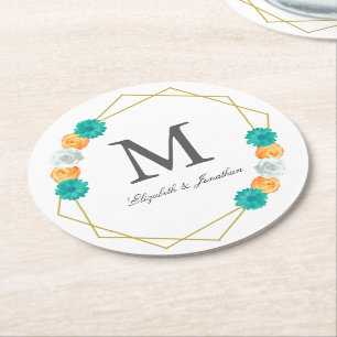 Orange Teal Floral Geometric Wedding Round Paper Coaster