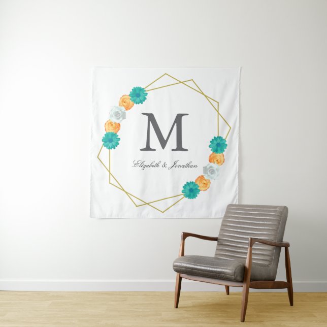 Orange Teal Floral Geometric Wedding Tapestry (In Situ)