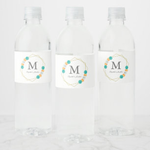 Orange Teal Floral Geometric Wedding Water Bottle Label