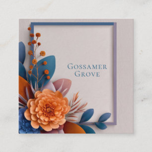 Orange Teal Floral Paper Cut Geometric Square Business Card