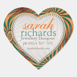 Orange Teal Floral Swirl CustomName Heart Stickers