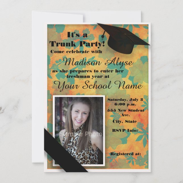 Orange Teal Floral Trunk College Party Photo Invitation (Front)