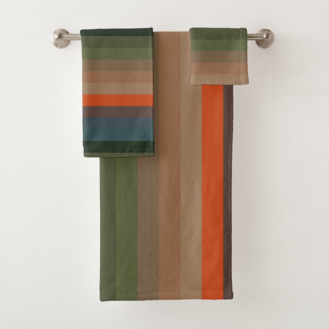 Orange, Teal & Olive Earthy Stripes Bath Towel Set (Insitu)