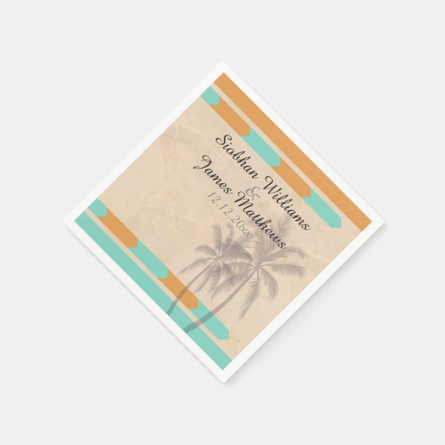 Orange Teal Palm Tree Wedding Personalised Napkin (Corner)