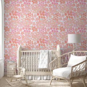 Orange Teal Pink Floral Pattern Peel and Stick Wallpaper