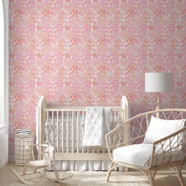 Orange Teal Pink Floral Pattern Peel and Stick Wallpaper (Kids)