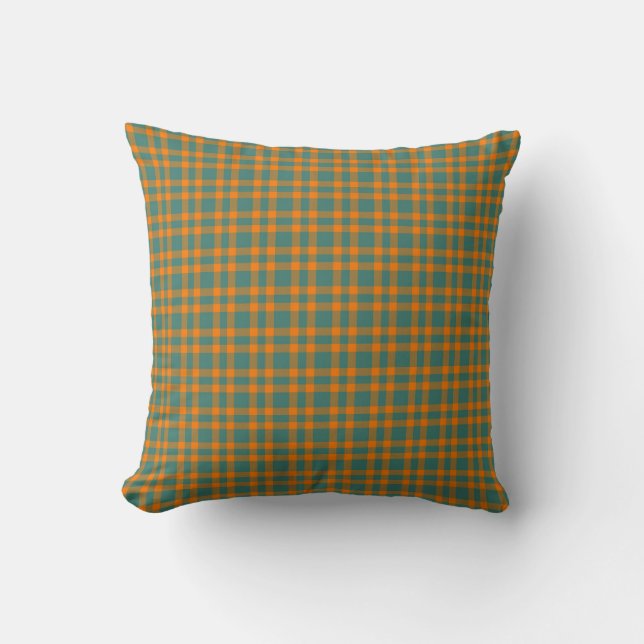 Orange Teal Plaid Pattern Cushion (Front)