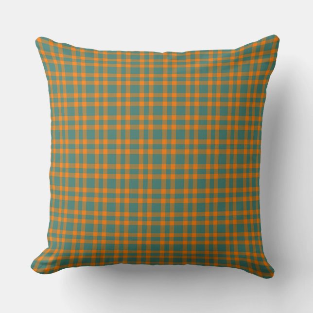 Orange Teal Plaid Pattern Cushion (Front)