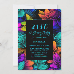 Orange Teal Purple Neon Flowers Any Age Birthday Invitation