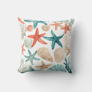 Orange Teal Starfish Beachy Seashell Pattern Cushion